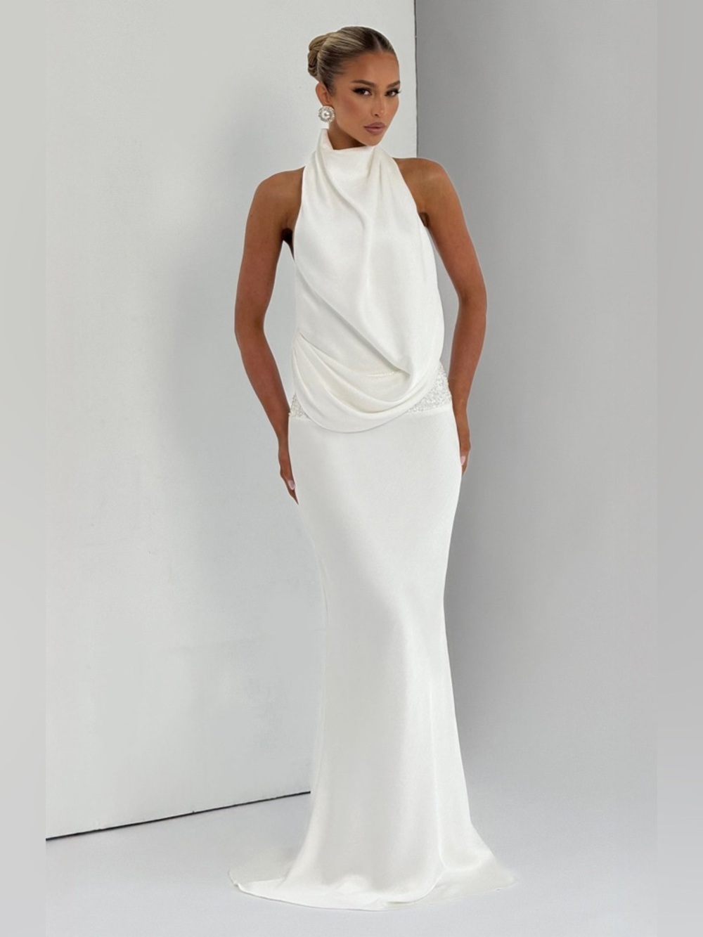 Satin Halter Drape Column Gown in White